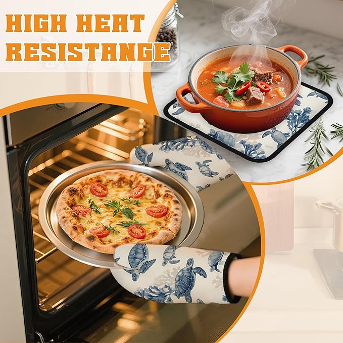 Turtle Coral Oven Mitts and Pot Holders Set,Kitchen Oven Gloves and Pot Holder with Heat Resistant Non Slip for Cooking Baking Grilling(4 Piece Set)