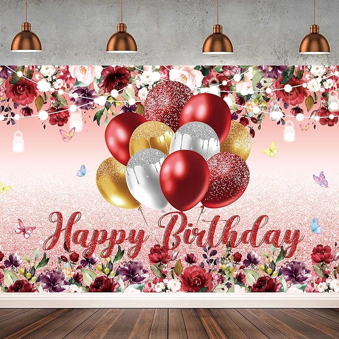 YinQin 180x120 cm Red Golden Flower Happy Birthday Party Photo Backdrops Cloth 71x47 inch Bday Photography Backgrounds Glitter Flower Golden Happy Birthday Sign Banners Decorations for Women Girl