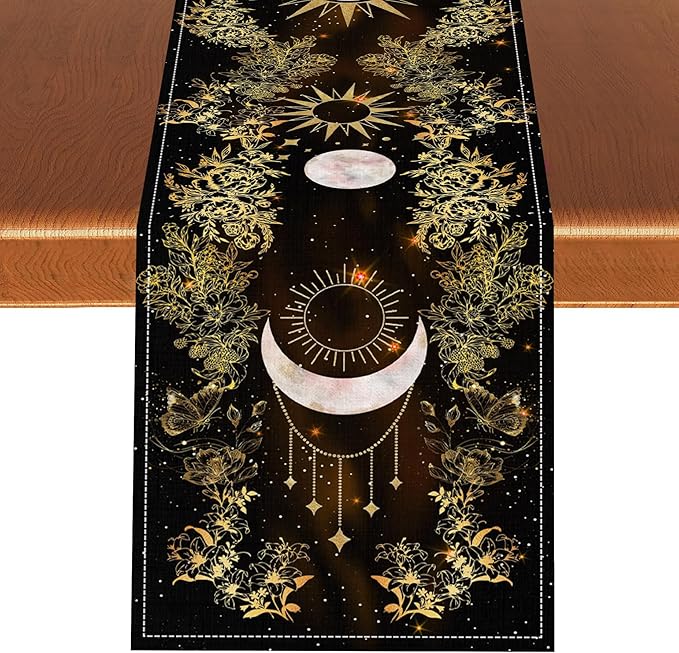 Boho Floral Table Runner, Spring Gothic Moon Phase Wildflower Mystical Witchy Farmhouse Coffee Table Center Decor for Home Kitchen Dining Patio Holiday Party Table Decorations 13x90 inches