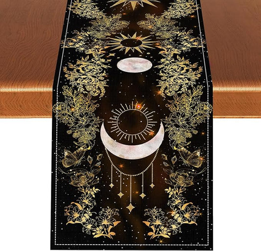 Boho Floral Table Runner, Spring Gothic Moon Phase Wildflower Mystical Witchy Farmhouse Coffee Table Center Decor for Home Kitchen Dining Patio Holiday Party Table Decorations 13x90 inches