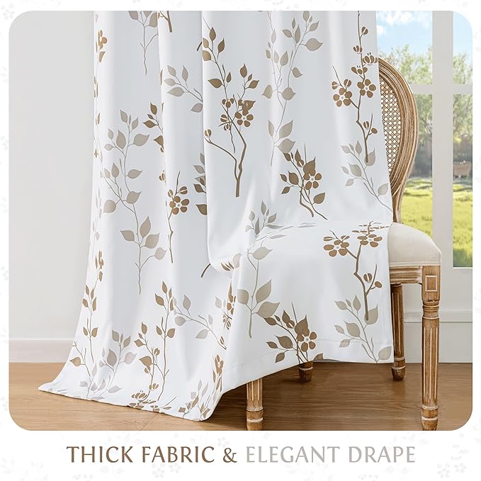 Beauoop Floral 100% Blackout Curtains 63 Inch Length 2 Panels for Bedroom Living Room Tan Brown and White Flower Patterned Room Darkening Thermal Soundproof Grommet Window Treatments Drapes, 52X63
