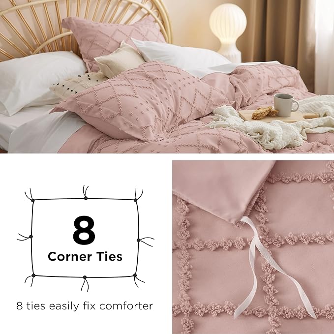 Bedsure Boho Duvet Cover King Size - Pink Breathable & Soft Boho Bedding, Machine Washable Comforter Cover for All Seasons, Includes 1 Duvet Cover 104"x90" with 2 Pillow Shams & Zipper Closure