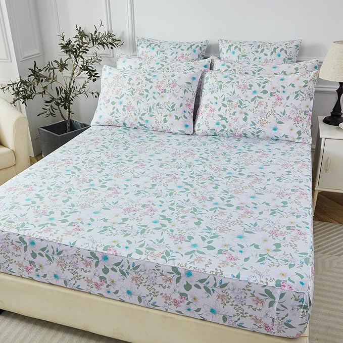 FADFAY King Size Sheets Set 100% Cotton Vintage Floral Shabby Flowers & Leaves Pattern Farmhouse Bedding Set Deep Pocket Sheets with 2 Pillowcases Breathable Soft 4Pcs, King