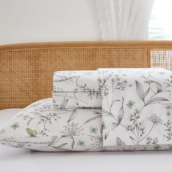 100% Cotton Sheet Set Queen Size – 4-Piece Chic White Floral Bedding Set, Soft Breathable Percale Weave, Deep Pocket Fitted Sheet 17.5", Crisp Cool Feel, Refined Botanical Elegance