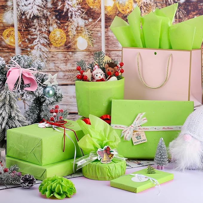 woric 135 Sheets Glitter Tissue Paper for Gift Bags 20 x 14 Inch Light Green Tissue Paper for Gift Wrapping Art DIY Crafts Birthday Wedding Christmas Decor