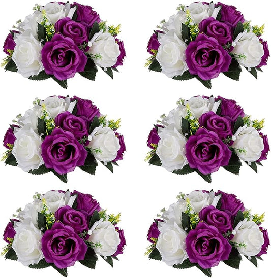 NUPTIO Flower Centerpieces for Wedding Tables: 6 Pcs Purple & White Artificial Flower Ball Arrangement for Christmas Thanksgiving Party - Fake Floral Rose for Bridal Shower Decor