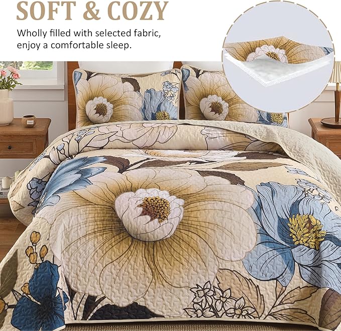 Dintszyayue Khaki Quilt Set King, 3 Pieces Beige Floral Bedspreads Lightweight Coverlet Set for All Seasons, Reversible Quilted Printed Bedding Set with 2 Pillow Shams