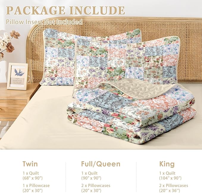 Quilt Set Twin Size, Vintage Patchwork Floral 2 Pcs Soft Bed Cover Bedding Set, Boho Mid Century Lightweight Bedspread Coverlet with Pillow Sham for All Season