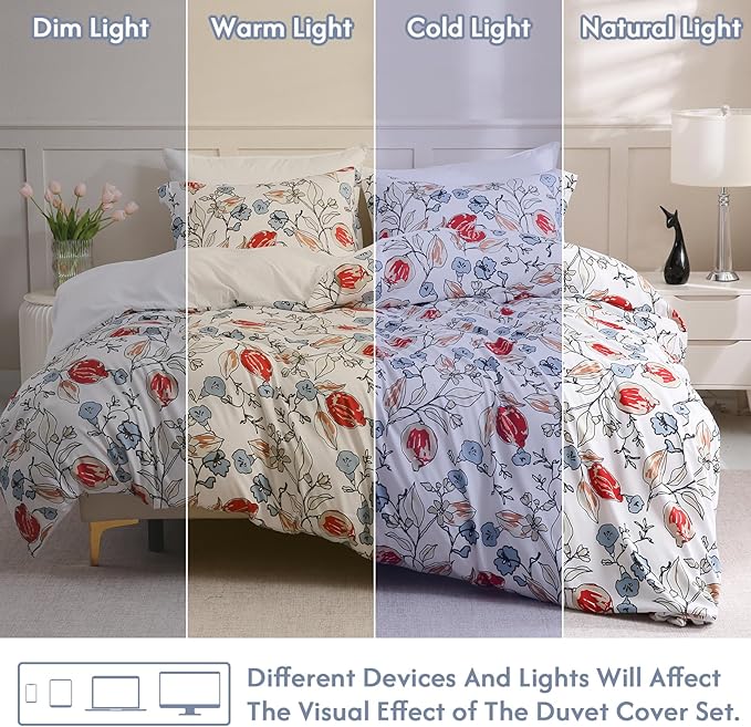 LONAVA King Flower 3 Pcs Duvet Cover Set, Breathable Soft Microfiber White Lining Comforter Cover with Zipper Closure, and 2 Anti-Pilling, Fade Resistant Pillowcases, Red Bud
