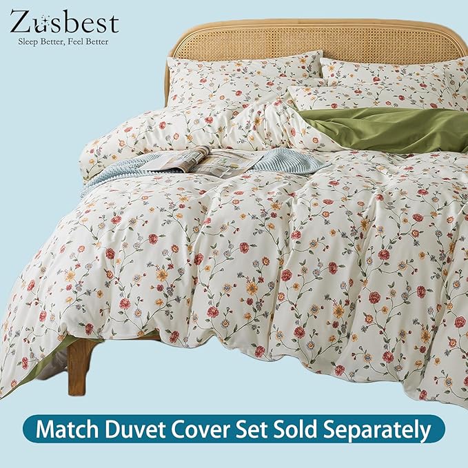 Zusbest Full Size Sheets 100% Percale Cotton Off White Floral Bed Sheet, Brushed for Extra Softness, Breathable Luxury Flannel Sheets Like Pink Flower Print Deep Pocket Bed Set 17.5'' 4 Pcs