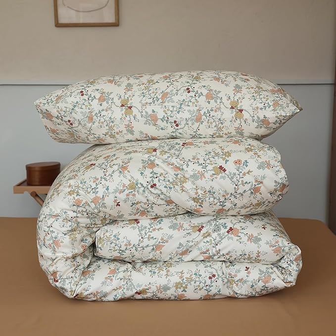 EAVD Vintage Botanical Floral Duvet Cover King - Soft Cotton Chic Shabby Garden Bedding Set With 2 Pillowcases, Fresh Reversible Comforter Cover With Zipper Closure