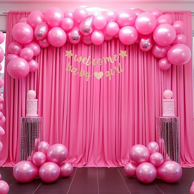 Hot Pink Backdrop Curtain 8 Panels-Wrinkle-Free Polyester Photography Drapes for Wedding Party Photo Background Decorations- 32 X10FT (Hot Pink)