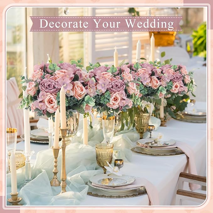 6 Pcs Artificial Peony Silk Florals Fake Mix Silk Peony Rose Faux Flower Hydrangea Bouquet Elegant Realistic Wedding Floral Centerpiece for Home Party Table Arrangement (Champagne with Purple)