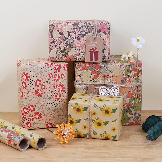 Aimyoo Kraft Floral Wrapping Paper Roll, All Occasion Vintage Red Flower Gift Wrap for Wedding Birthday Bridal Shower, 17 inch x 10 ft