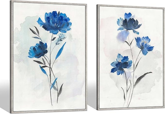 Flower Canvas Framed Wall Art: 2 Pieces Navy Blue Floral Prints Artwork Vintage Wildflower Bouquet Botanical Abstract Picture Painting for Living Room Bathroom Home Office