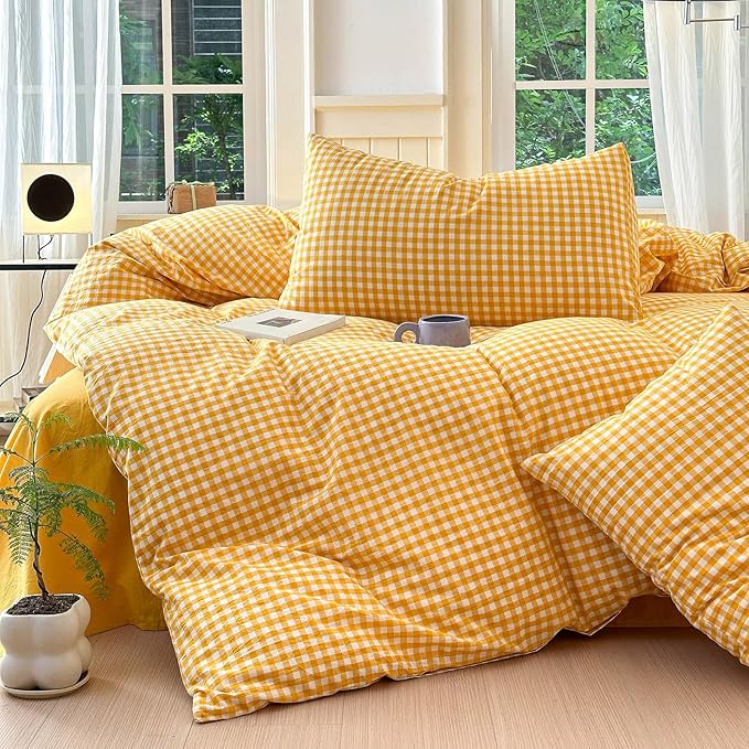 LifeTB Twin XL Comforter Set 3 Pieces Yellow Gingham Comforter Set Geometric Checkered Plaid Printed Bedding Comforter for All Seasons Fluffy Soft Lightweight Gingham Plaid Bedding Set Twin XL