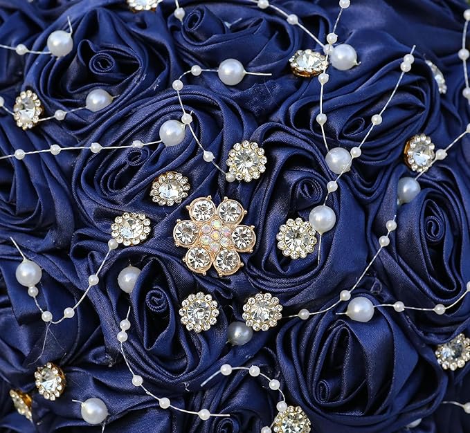 Bridal Wedding Bouquet Round Bling Brooch Bouquet Throw Toss Artificial Rose Flower Bunch for Bride Bridesmaid Wedding Quinceanera(Navy Blue, 6.3")