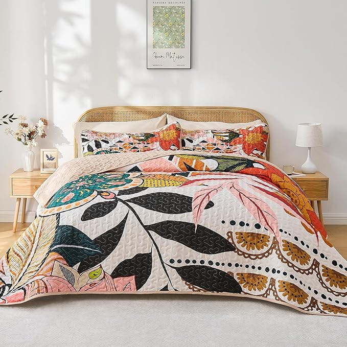 Quilt Set Full/Queen Size, Boho Floral 3 Pcs Soft Bed Cover Bedding Set, Mid Century Flowers Lightweight Bedspread Coverlet with 2 Pillow Sham for All Season