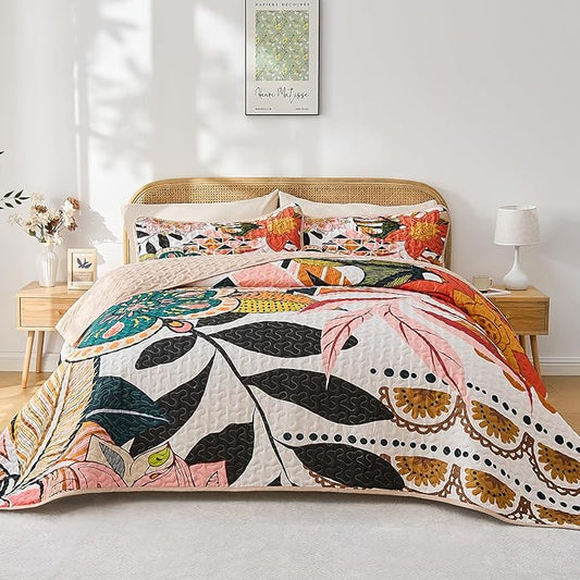 Quilt Set King Size, Boho Floral 3 Pcs Soft Bed Cover Bedding Set, Mid Century Flowers Lightweight Bedspread Coverlet with 2 Pillow Sham for All Season