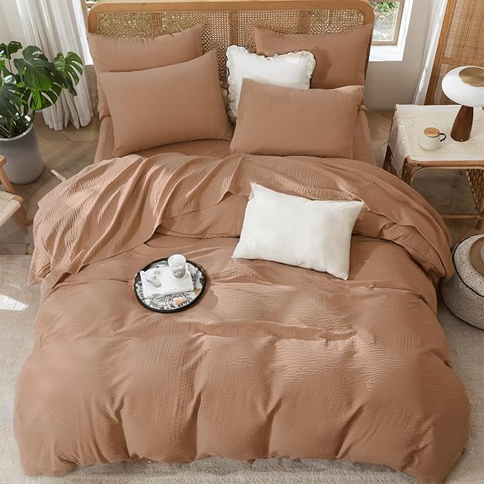 Queen Duvet Cover, Luxury Soft Microfiber Double-Layer Crinkle Gauze Cocoa Brown Duvet Cover, 3 Pieces Bedding for All-Season, Lightweight Warmth with 2 Pillowcases