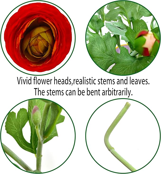 ATFL Orange red Ranunculus Artificial Flowers,6 Pcs Artificial Faux Silk Ranunculus Flowers with Real Touch Stems,Fake Peony Flowers for Floral Arrangements DIY Wedding Bouquet Party Table Home Decor