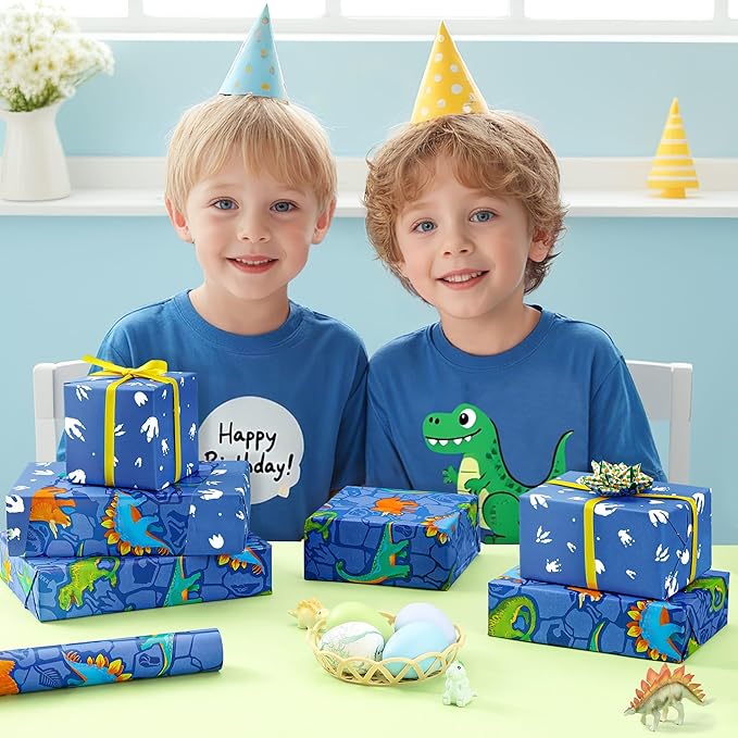 WERNNSAI Dinosaur Wrapping Paper - 1 Roll 17” x 9.8 ft Dinosaur Birthday Wrapping Paper Kids Boys Birthday Gift Wrap Blue Gift Packing Decoration Baby Shower Paw Prints Design Reversible