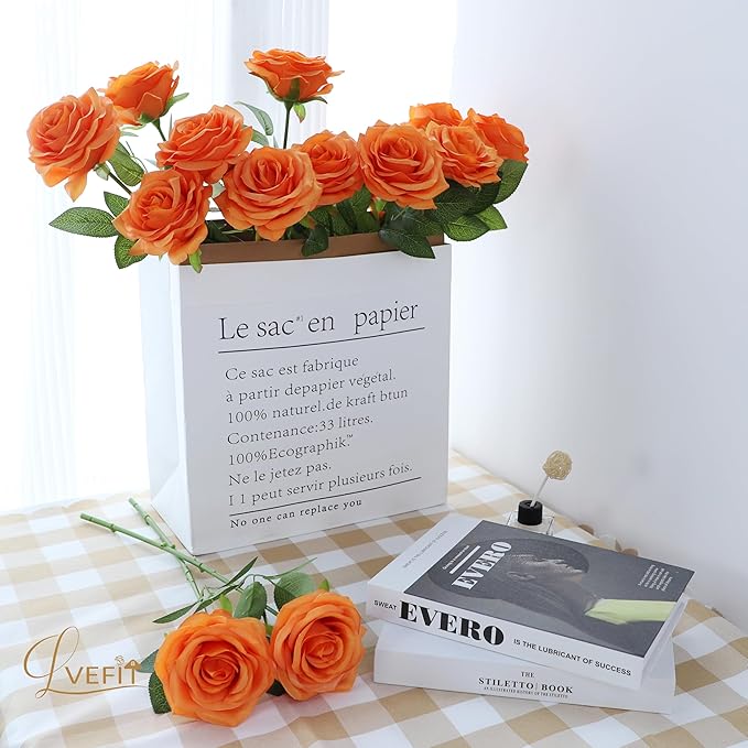 30pcs Artificial Rose Flower Orange Rose Orange Flower with Long Stem Silk Roses Bouquet for Wedding Bridal Shower Party Home Decoration