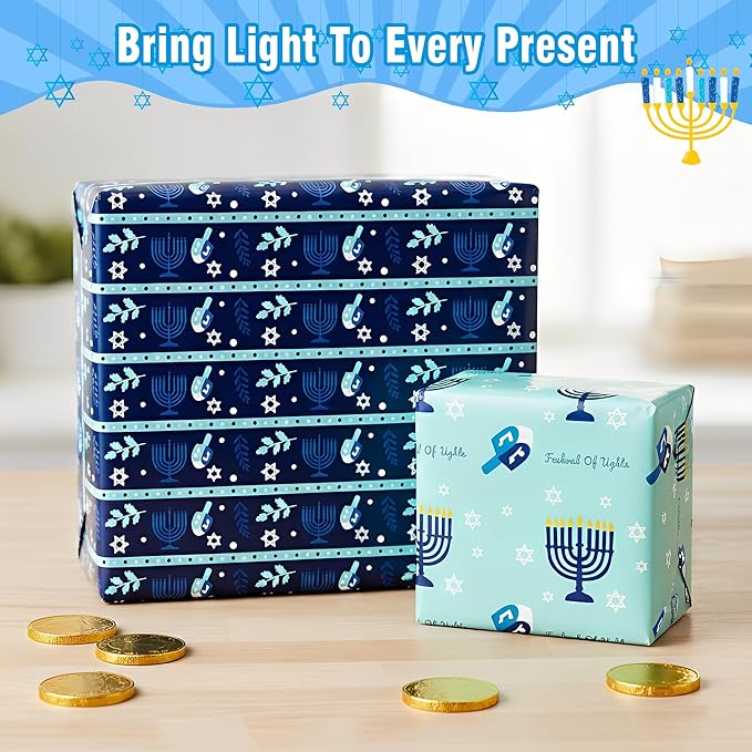 Hanukkah Wrapping Paper (4 Rolls, 93 sq. ft. ttl) Menorahs, Dreidels, Stripe and Star of David Design for Holiday Gift Wrap - Traditional Hanukkah Elements Collection - 17 Inches x 16.5 Feet Per Roll