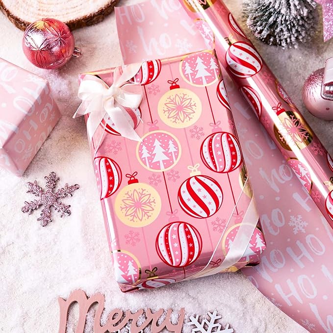 MAYPLUSS Christmas Wrapping Paper Roll - 17 Inch X 33 Feet - Pink Christmas Bell Tree Snowflake Star Reversible HO Gift Wrapping Paper, Thick Wrap Paper for Holiday Party New Year Kids