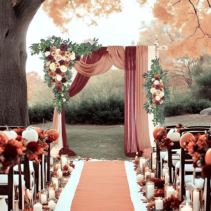 Wedding Arch Flowers Kit Pack of 5, 2pcs Large Artificial Terracotta & Burgundy Floral Swag and 3pcs Draping Fabric for Wedding Ceremony Arbor Reception Backdrop Decoration