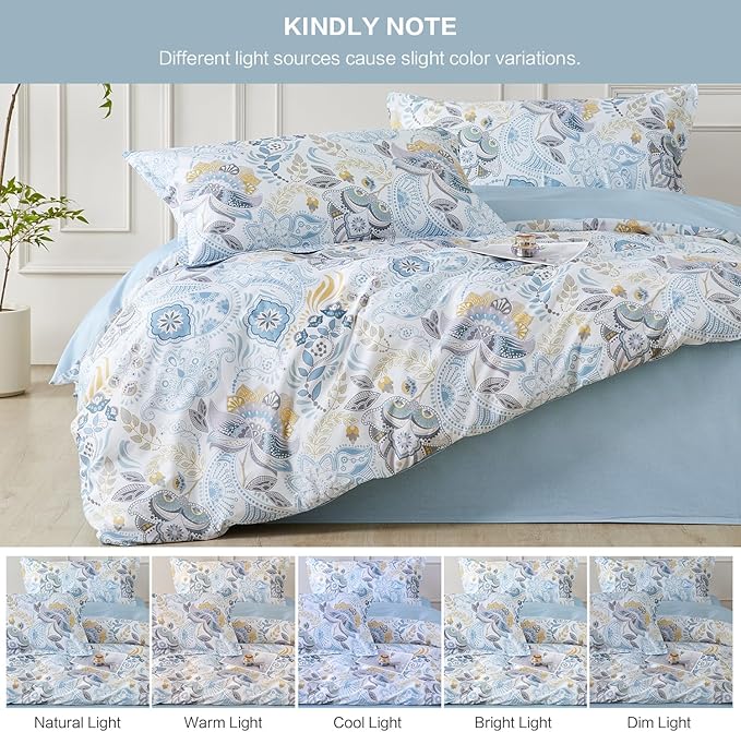 SAPHREAS Blue Floral Duvet Cover Set Full Size Geometric Pattern Botanical Blossom Bedding Comforter Cover Set 100% Cotton 1 Duvet Cover 2 Pillow Shams, Comforter Not Included