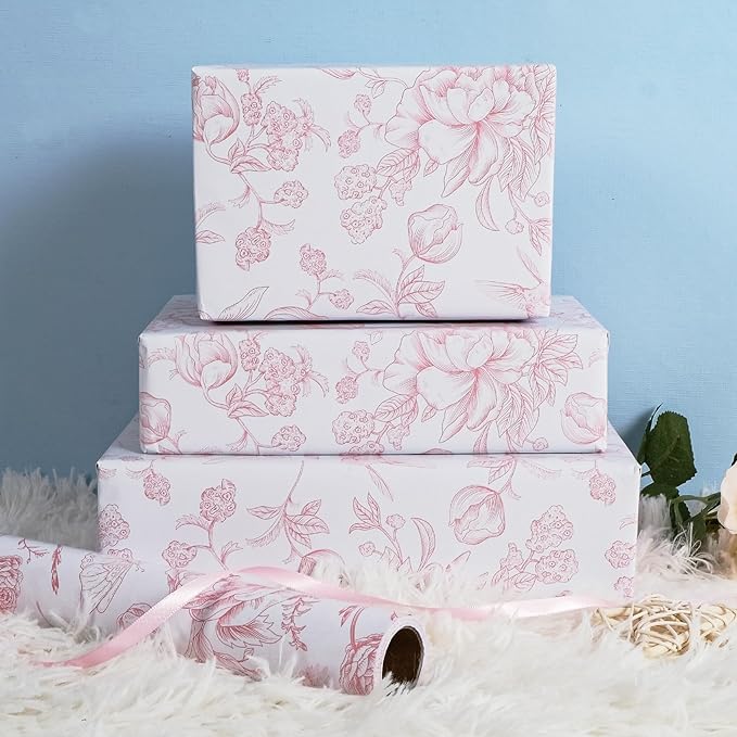 RayofSun Pink Floral Wrapping Paper Roll 17 in x 32ft Mini Roll Vintage Toile Flower Gift Wrap Paper for All Occasion Wedding Birthday Bridal Shower Party Baby Shower Christmas