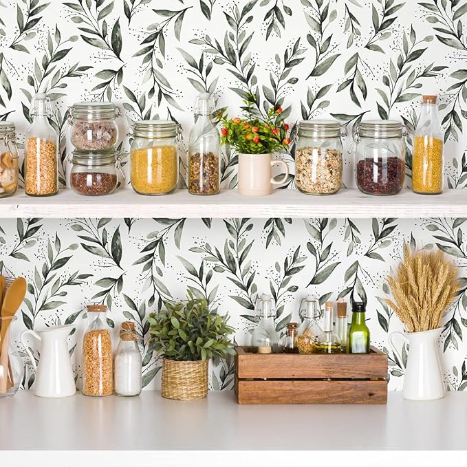 Erfoni Dark Green Leaf Wallpaper Peel and Stick Wallpaper Floral 17.7inch x 78.7inch Greenery Eucalyptus Contact Paper Peel and Stick Leaves Plant Self Adhesive Wall Paper Bathroom Vinyl