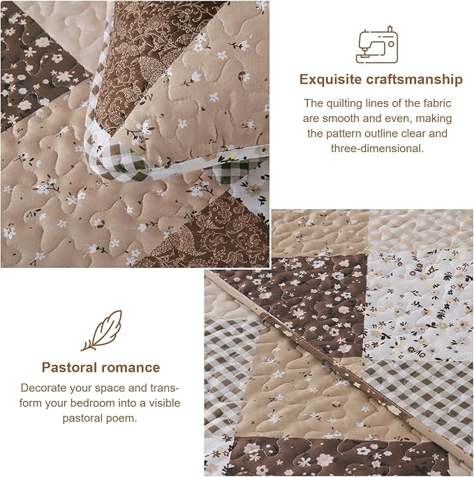 Dinjoy Brown Quilt Set Queen Size, Reversible Floral Plaid Patchwork Pattern Bedding Set Soft Microfiber Lightweight Bedspread Coverlet 3 Piece Spring Summer Use (90x96 inches)