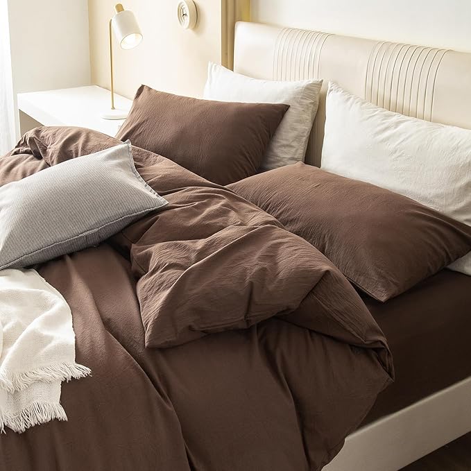 JIYUAN 100% Washed Cotton Duvet Cover Set 3 Pieces King, 1 Duvet Cover 104x90 Inches(Comforter Not Included) and 2 Pillowcases,Linen Feel Bedding Set Comfy and Breathable,Chocolate Brown