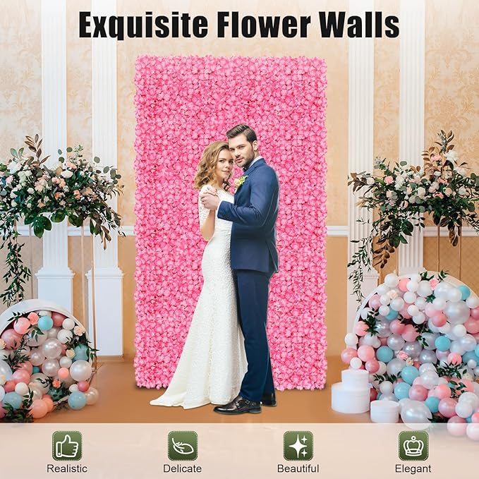 Flower Wall Panels, 10Pcs Artificial Flower Wall 3D Flower Wall Backdrop Pink Silk Rose Floral Decorative Faux Flower Wall Background for Wedding Home (Pink,15.7 * 23.6 in)