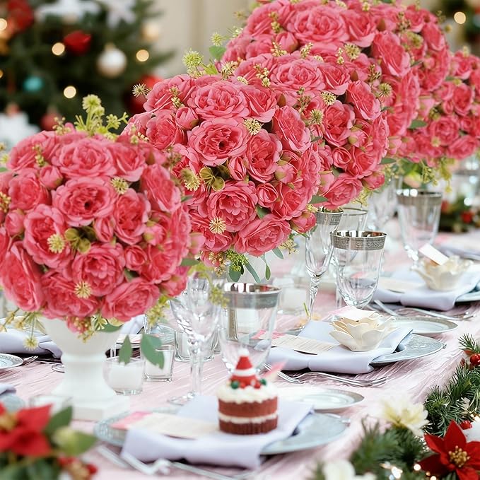 8 Packs Artificial Peonies Silk Flowers: Faux Peony Bouquet 8 Bundles, Fake Peonies Flowers Bulk for Centerpiece Table Wedding Party Home Decor for Christmas Decoration (Rose Red)