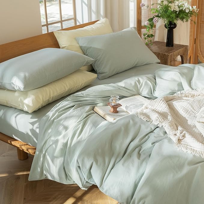 MooMee Bedding Duvet Cover Set 100% Washed Cotton Linen Like Textured Breathable Durable Soft Comfy (Heathered Sage Green, Twin 68"x90")