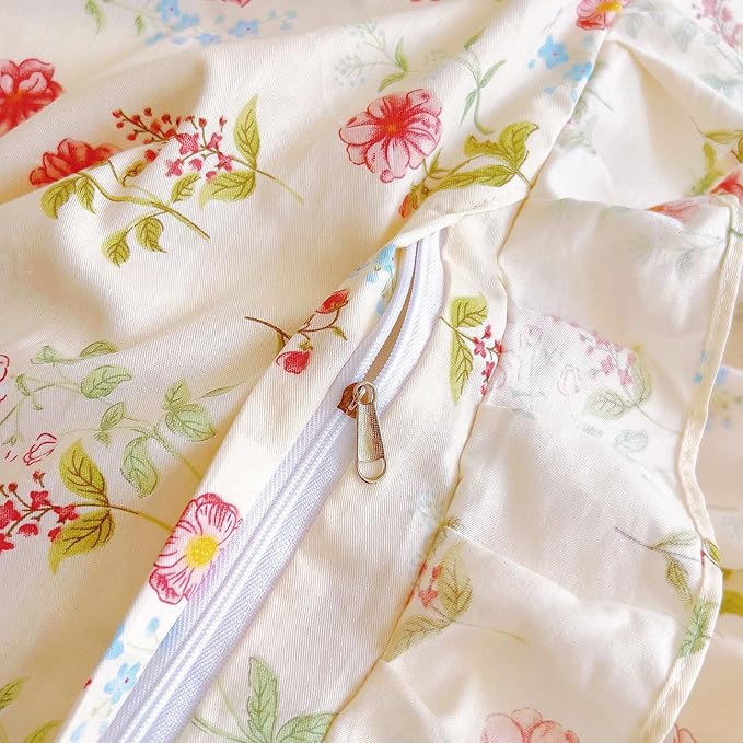 EAVD French Garden Style Ruffle Pink Flower Duvet Cover King Soft Cotton Shabby Chic Pink Flower Bedding Set with 2 Pillowcases Romantic Botanical Print Duvet Cover with Zipper Closure