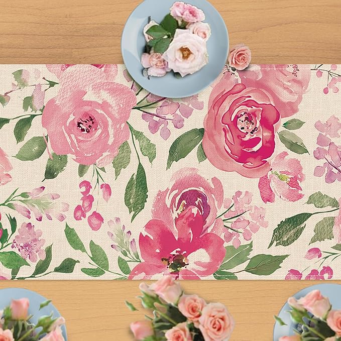 Seliem Spring Summer Watercolor Flower Table Runner, Pink Peony Floral Kitchen Dining Table Decor, Seasonal Burlap Home Decoration Indoor Outdoor Party Supply 13 x 72 Inches