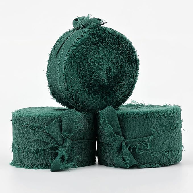MEEDEE Dark Green Chiffon Ribbon 1 Inch Green Frayed Ribbons Green Chiffon Silk Hunter Green Ribbon Thin Chiffon Ribbons for Crafts, Gift Wrapping, Wedding Invitation (3 Rolls 21 Yards)