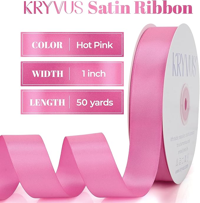Hot Pink Satin Ribbon, Double Faced 1 Inch X 50 Yards Hot Pink Ribbon, Premium Satin Ribbon for Gift Wrapping, Crafts, Hair Bow Making, Sewing, Flower Bouquet, Wedding Party Decor