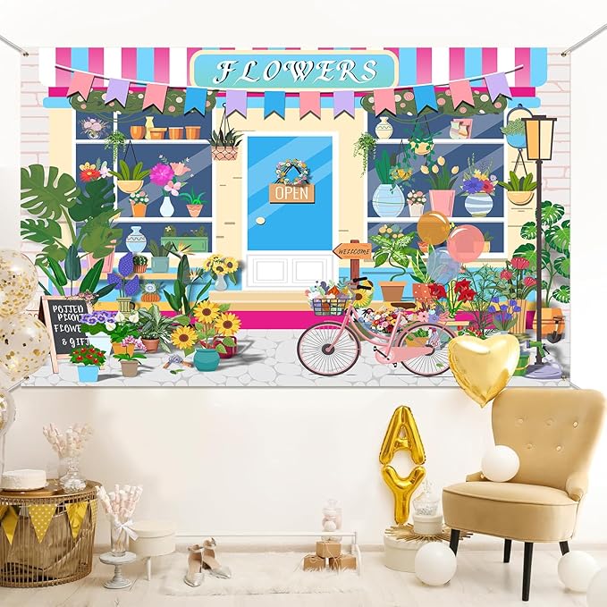 HANYING 9x6ft Cartoon Spring Flowers Backdrops for Photoshoot Floral Pot Plants Gardening Bicycle Photo Background Gifts Florists Girl Birthday Baby Shower Party Decor Banner Photo Booth HY030DX