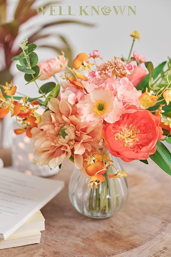 WELL KNOWN Silk Peony Mixed Wild Flower Bouquet in Vase, Artificial Flowers Arrangements Orange & Pink Fake Flowers with Vase for Home Living Room Wedding Party Dinning Table Fall Seasonal Decor
