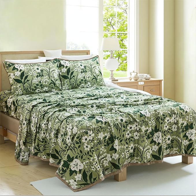 100% Cotton Sheet Set King Size – 4-Piece Luxury Forest Green Floral Bedding, Soft Breathable Percale Weave, Deep Pocket Fitted Sheet 17.5", Crisp Cool Feel, Refined Botanical Elegance
