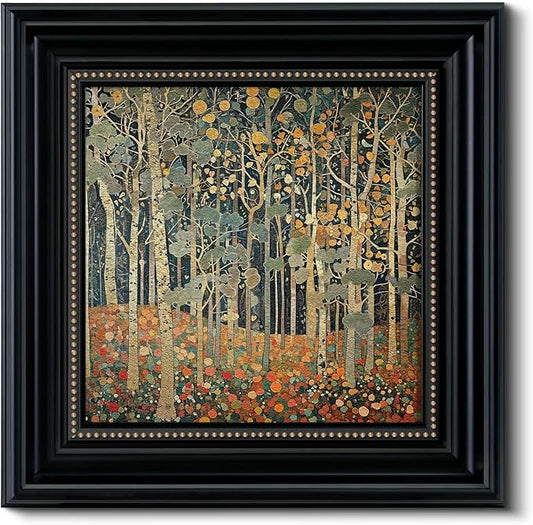 Vintage 3D Textured Framed Autumn Forest Wall Art 16x16 Botanical Tree Decorative Painting, Sandstone Surface Landscape Artwork Black Frame Gold Dot, Home Room Bedroom Office Decor