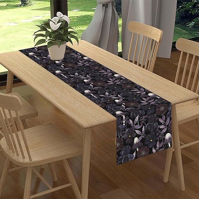 Gothic Floral Table Runner, Dark Purple Vintage Garden Flower Witchy Mushroom Farmhouse Coffee Table Center Decor for Home Kitchen Dining Patio Holiday Party Table Decorations 13x36 inches