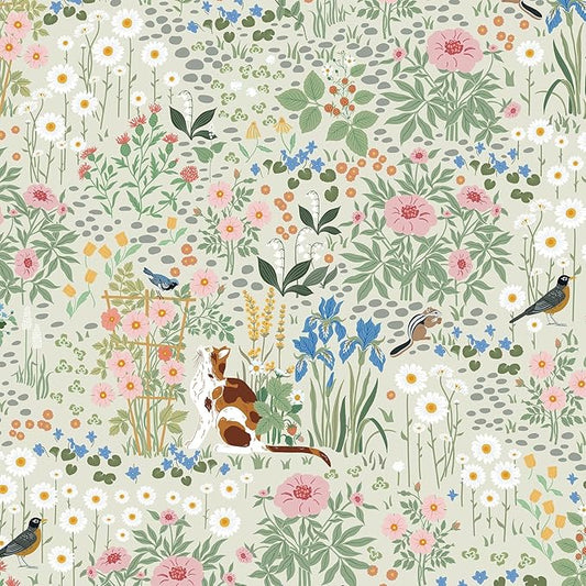 Heroad Floral Peel and Stick Wallpaper Light Green Wallpaper Boho French Country Contact Paper Cat Birds Removable Self-Adhesive Wall Paper for Bedroom Kitchen Cabinets Decoration Vinyl 17.3”x78.7”