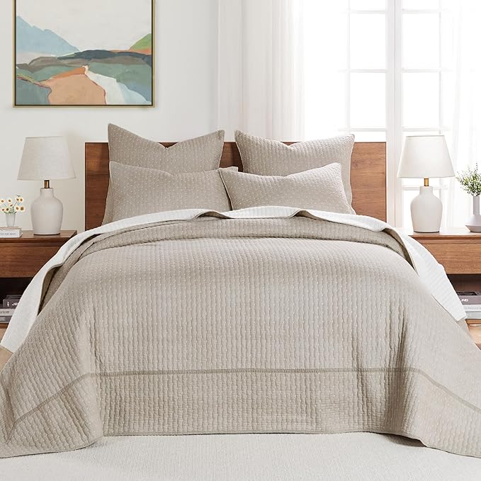 Levtex Home Cross Stitch Reversible Full Bedspread Set (100x104in) with 2 Pillow Shams (26x20in) - Stitch Texture - Taupe - 100% Cotton Full Size Bedspread Set - Lightweight, Soft, Pre-Washed