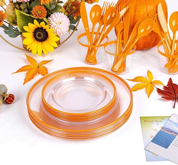 SUT 350Pcs Orange and Clear Plastic Dinnerware Set for 50 Guests, Include: 50 Dinner Plate, 50 Dessert Plates, 50 Pre Rolled Napkins With Silverware, 50 Cups, Disposable Plates for Thanksgiving, Party